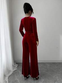 Elenzga 女士金属扣腰带天鹅绒连体裤，适合派对和聚会 - 酒紅色 - 查看 2