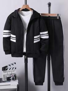 SHEIN Explorewe 男童条纹连帽长袖外套和裤子休闲套装（2件套） - 黑色 - 查看 3