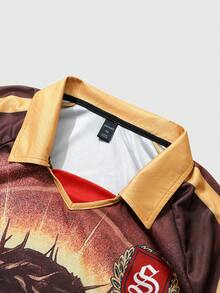 ROMWE MEN Prep Men's Polo Shirt, Casual Sports Sakura & English Text Graphic Print Short Sleeve Polo Shirt - Coffee Brown - View 5