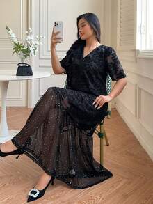 Dazy Plus Elegant V-Neck Loose Lace Contrast Mesh Long Dress, Plus Size, Spring/Summer Maxi Dress Sundress - Black - View 3