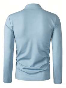 Manfinity Homme Áo thun dài tay cổ cao in chữ dành cho nam, kiểu dáng thường ngày, đa năng. - Màu xanh nhạt - Xem 2