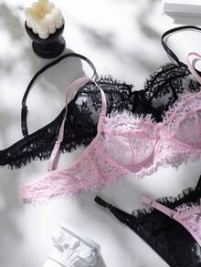 4pcs Women's Romantic Sexy Sheer Lace Underwire Bra And Panty Set - Multicolor - View 5