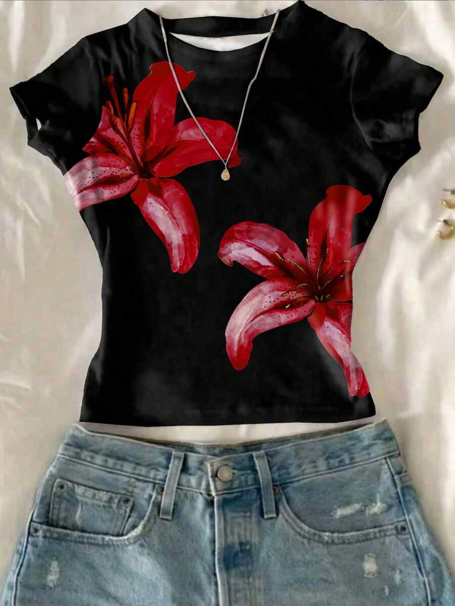 Attitoon 女士圆领短袖修身T恤，适合夏季穿着 - 黑色 - 查看 1