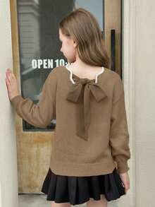 SHEIN Tween Girl Casual Fashion Versatile Knit Wavy Hem V-Neck Bowknot Back Lantern Sleeve Pullover Sweater, Suitable For Weekend, Casual Outing, Back To School, Halloween, Christmas, New Year In Fall/Winter - Khaki - View 4