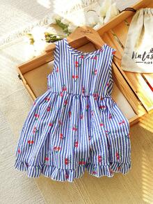 SHEIN Vintaside Kids 女婴夏季条纹连衣裙，柔和渐变色营造甜美氛围，经典条纹图案简约时尚，背部蝴蝶结装饰俏皮吸睛，宽松舒适，适合户外散步、居家休闲、亲子出游、派对等各种欢乐场合。 - 藍色 - 查看 2