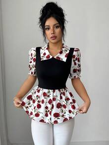 Elenzga 女士玫瑰印花短袖上衣，适合情人节、约会、日常穿着和度假，荷叶边上衣 - 彩色 - 查看 5