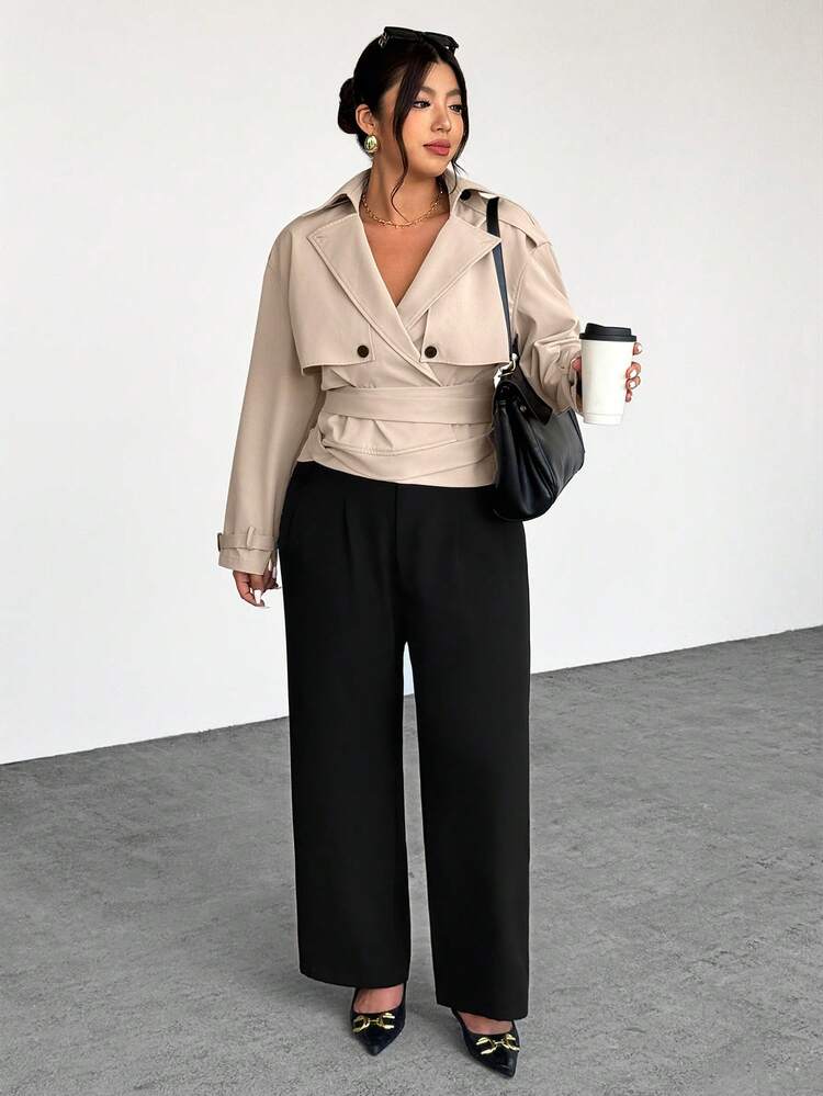 Firerie 大码女式优雅休闲裹身系带短款风衣外套，适合日常穿着，春夏皆宜 - 卡其色 - 查看 5