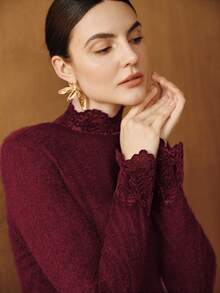 Anewsta Elegante top de mujer de ajuste ceñido, sexy y de estilo de fiesta, con parches de encaje, para otoño/invierno - Rojo violeta - Ver 5