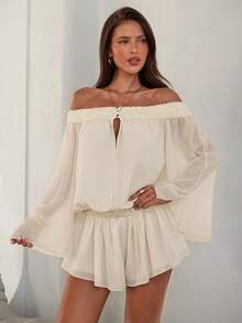 Aloruh 女士新款杏色纯色长袖雪纺迷你A字荷叶边连衣裙 - 杏色 - 查看 5