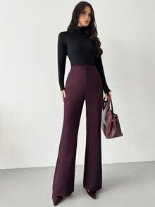 Firerie 女士复古性感商务休闲纯色喇叭裤，优雅高腰，独特职业长裤，复古风格工作服 - 中紫紅色 - 查看 8