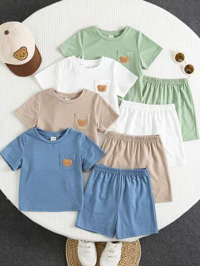 SHEIN 8pcs/Set Baby Boy/Girl Comfortable Casual Everyday Versatile 3D Bear Embroidery Short Sleeve T-Shirt And Shorts Set, Suitable For Spring/Summer, Daily Wear, Sports, Outings, School, Parties, Holidays, Photoshoots, Vacations,Wedding Guest, Pageboy, Ring Boy, Wedding, Baby Shower, Christening And 1st Birthday Celebration,Easter Gift Sthings For Baby