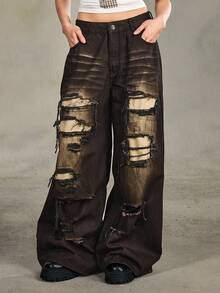 ROMWE Grunge Punk Quần jeans nữ dáng rộng, phong cách grunge, rách rưới, vintage, dáng oversized. - màu đen - Xem 1