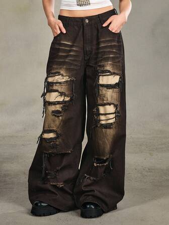 Grunge Punk Jeans de mujer con ajuste relajado, estilo grunge, desgastados y rotos, con efecto vintage y sobredimensionados