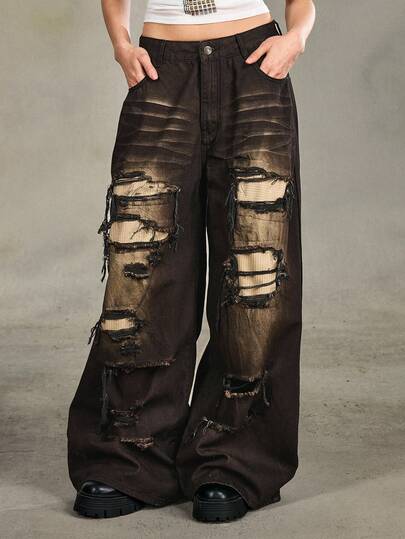 Grunge Punk Jeans de mujer con ajuste relajado, estilo grunge, desgastados y rotos, con efecto vintage y sobredimensionados