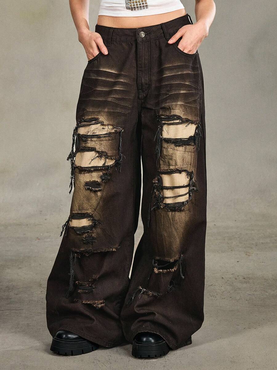 ROMWE Grunge Punk Quần jeans nữ dáng rộng, phong cách grunge, rách rưới, vintage, dáng oversized. - màu đen - Xem 1