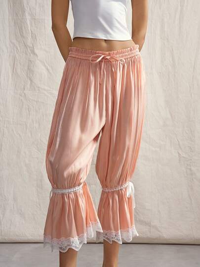 Sweetina Lace Patchwork Elastic Waist Loose Lantern Pants