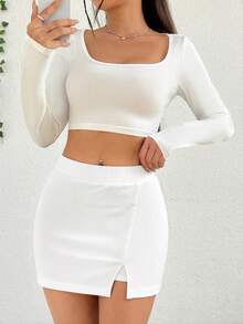 SHEIN EZwear 女士夏季休闲性感侧开衩迷你裙，高腰纯白色半身裙，常规版型，适合日常穿着 - 白色 - 查看 6
