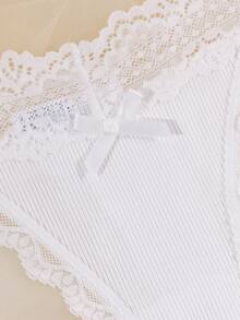 Contrast Lace Bow Decor Panty Sexy Lingerie Bow Tie - White - View 4
