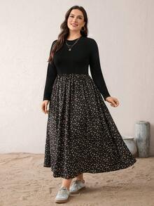 Vestido largo negro de manga larga con cintura ajustada, cómodo y versátil para uso diario, con bolsillos, para mujeres de talla grande, atuendo de otoño - Negro - Ver 5