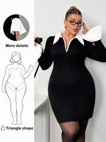 Truni Plus Size Minimalist Color Block Flare Sleeve Bodycon Dress, Suitable For Commuting/Autumn /Winter - Black and White - View 1