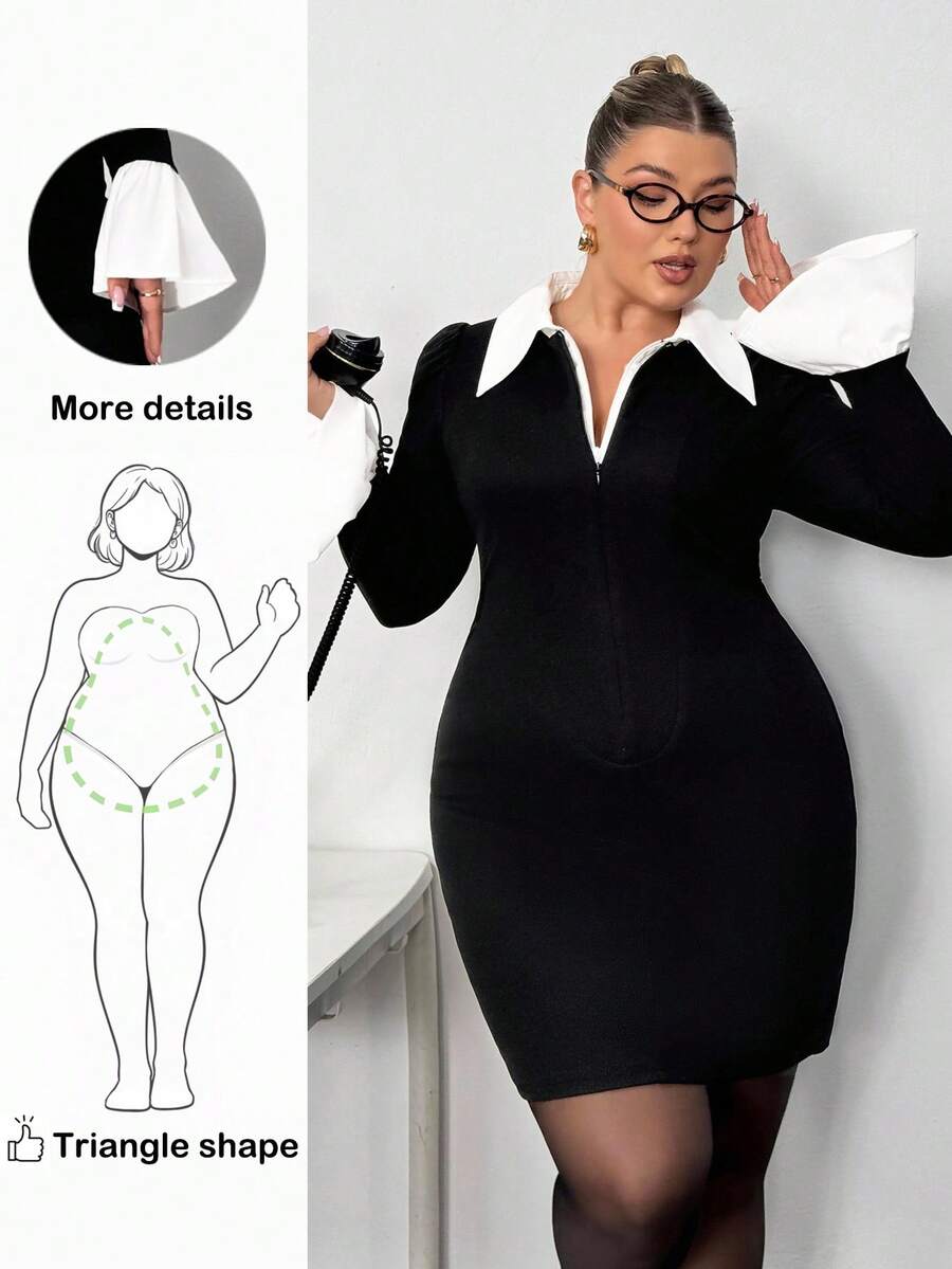 Truni Plus Size Minimalist Color Block Flare Sleeve Bodycon Dress, Suitable For Commuting/Autumn /Winter - Black and White - View 1