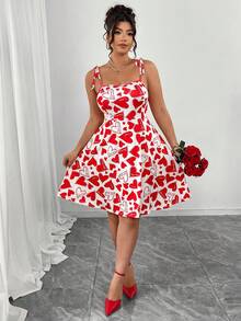 Elenzga 大码女式爱心印花吊带迷你连衣裙，浪漫情人节蝴蝶结装饰，A字喇叭裙摆，优雅派对/海滩/度假性感短裙，粉色 - 紅白色 - 查看 4