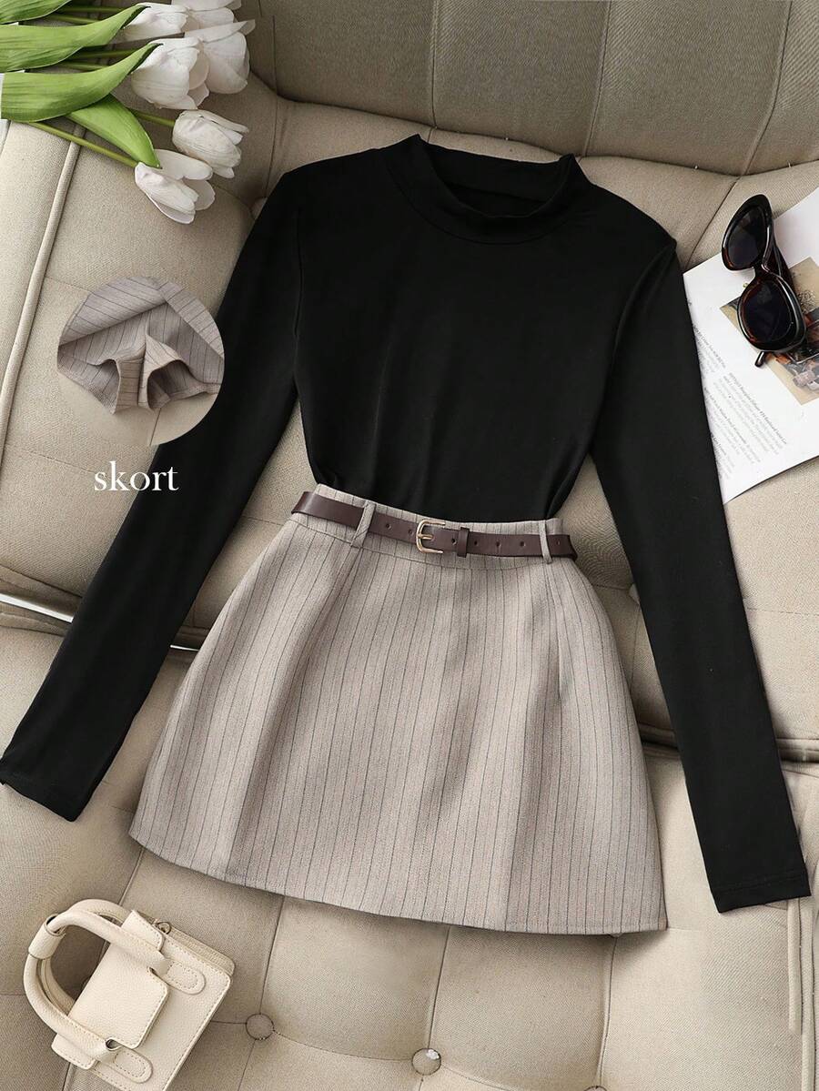 Franclia 休闲百搭通勤黑色圆领长袖上衣搭配卡其色短裤/裙子（配腰带），女式两件套西装套装，适合春秋季 - 黑色 - 查看 1