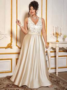 Cravure Đầm dự tiệc lưới đính cườm dài thanh lịch cổ chữ V cỡ lớn cho nữ, Đầm maxi lưới sequin tinh tế, Đầm dạ hội mùa thu cho nữ, Đầm dài thắt eo thanh lịch, tinh tế, thanh lịch - Màu be - Xem 10