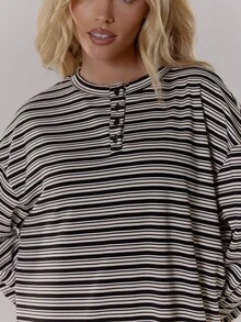 MUSERA 条纹落肩宽松长袖纽扣领上衣，可爱酷女孩舒适秋季日常清新女孩休闲田园风复古奶油糖色优雅Y2K春夏 - 黑與白 - 查看 6