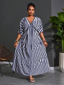 Slaydiva 春夏新品，女士加大码蓝白条纹V领宽松A字连衣裙，适合海滩、度假、优雅休闲、海岛度假、用餐、日常穿着、浪漫之旅、约会、海边等场合。 - 藍白色 - 查看 8