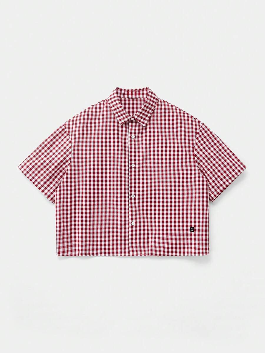 SWAVVY 1 Áo sơ mi nam Y2K vui nhộn, vừa vặn, phong cách cổ điển, dạo phố, kẻ caro cắt ngắn, mặc khi trở lại trường học, Halloween, đồ đôi - Đỏ - Xem 1