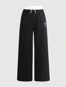 少女休闲舒适拼接撞色圆领套头T恤和裤子套装 - 黑與白 - 查看 8