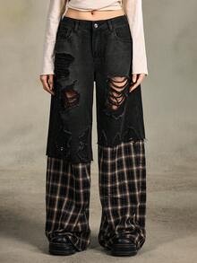 ROMWE EDITION Quần jean 2 trong 1 cạp siêu thấp dáng rộng phối nhiều mảnh vải kẻ caro kiểu retro - Nhiều màu - Xem 1