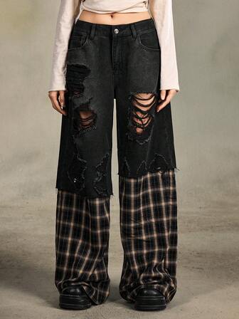 Grunge Punk Ultra tief sitzende, oversized Patchwork Retro Karomuster 2-in-1 Jeans