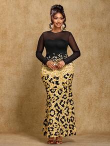 Brilight Women's Elegant Autumn/Winter Commuter Dress, Suitable For Daily Wear, Casual Occasions, And Parties. Features Leopard Print Knit And Mesh Paneling, A/B Material Splicing, Long Sleeves, Round Neckline, And A Slim-Fit Mermaid Silhouette.