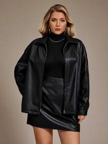 Auralis Plus Size Black,Autumn,Smart Casual,Night Out Club PU 2 Pieces Set,Personalized Zippered Long-Sleeved Jacket Coat & Side Slit A-Line Skirt,Y2K Outfit - Black - View 7