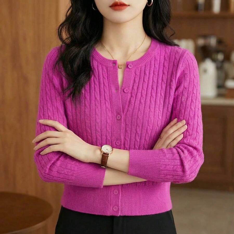 Suéter de mujer estilo casual tejido acanalado elástico ajuste entallado cuello redondo manga larga otoño invierno oficina suéter - Rosa Fucsia - Ver 1