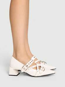 ROMWE Grunge Punk Giày cao gót mũi nhọn, gót chunky, chất liệu da bóng, thanh lịch, thích hợp cho ngày Valentine. - trắng - Xem 4