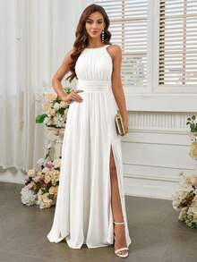 SHEIN Belle Halter High Slit Waist Bridesmaid Dress (Adult) - White - View 6