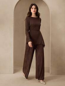 Modelyn 2pcs Coffee Brown Textured Fitted Women Set, Autumn/Winter - Coffee Brown - View 5