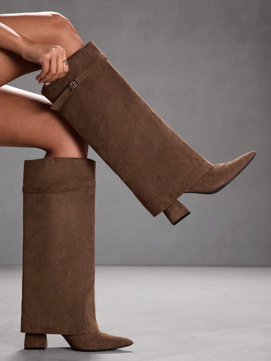 CUCCOO SZL 女士时尚尖头粗跟过膝长靴 - 咖啡棕 - 查看 1