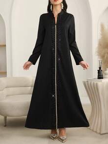 Al Najma 中东风格女士宽松时尚串珠刺绣长袍 - 黑色 - 查看 3
