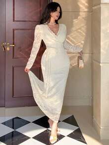 DAZY Vestido largo de Body ceñido con cuello en V elegante, cintura con encaje estampado y falda de sirena - Beis - Ver 4