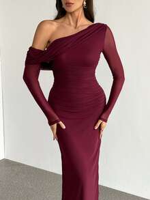 SHEIN Tall 秋冬夏季节简约复古闪亮假日派对泳装红色网纱单肩褶皱装饰修身包臀长裙女装 - 酒紅色 - 查看 9