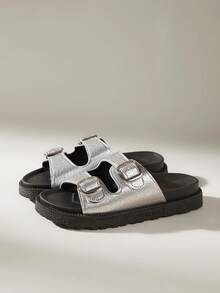 女士厚底搭扣设计休闲复古拖鞋 - 銀色 - 查看 5