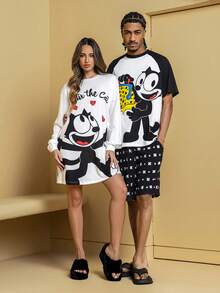 SHEIN Felix The Cat Áo ngủ nữ dáng rộng, tay dài, vai rớt, in hình chữ cái và trái tim hoạt hình dễ thương, thích hợp cho mùa xuân/thu. - trắng - Xem 1