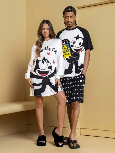 Felix The Cat X SHEIN Chemise de nuit ample à manches longues avec imprimé de lettres et de cœurs mignons, style lâche et épaules tombantes, pour le printemps et l'automne