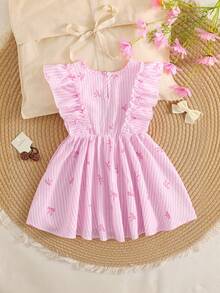 SHEIN Đầm bé gái mùa xuân dáng chữ A cổ tròn eo thon, họa tiết sọc, nơ và bèo nhún, kiểu dáng dễ thương, thích hợp cho kỳ nghỉ và tiệc tùng. - Hồng - Xem 3