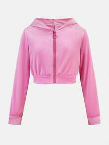 SHEIN Bộ áo hoodie và quần nỉ nhung cho bé gái tuổi teen, trang phục thể thao thường ngày. - Màu Hồng  Dưa hấu - Xem 7