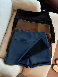 Franclia 时尚新款绒面高腰修身A字开衩短裙，女士春秋季 - 藍色 - 查看 8